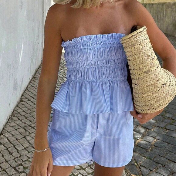 Blue Boho Women's striped Beach Vacation Tube top and Shorts - Picture 5 of 11